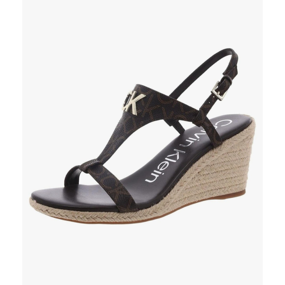 Calvin Klein Dark Brown Logo Espadrille Wedge Sing Back Sandals SZ 9.5 M - Picture 2 of 16